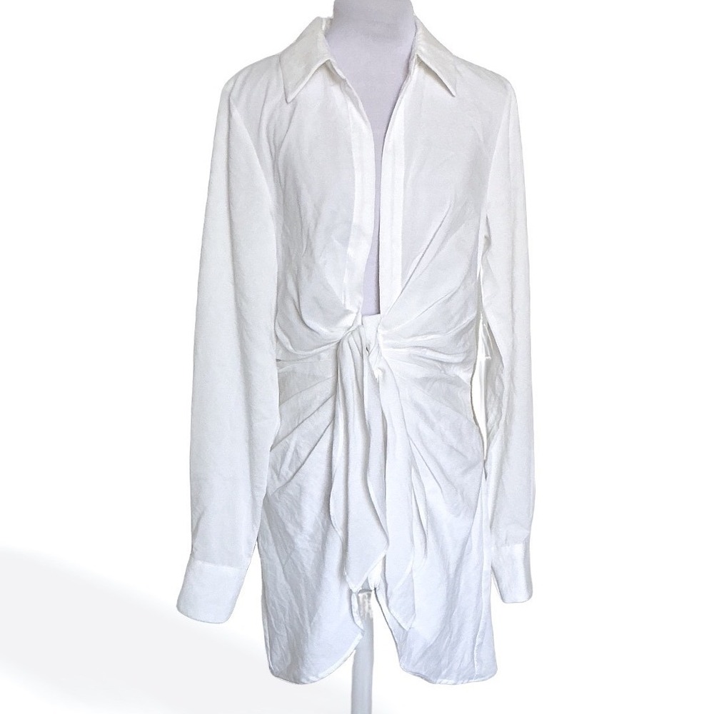 Choosy White Twist Front Shirt Dress Size 2 Draped Long Sleeve Minimalist
